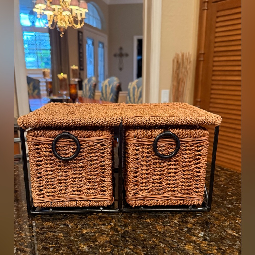 Vintage Woven Desktop Storage Basket with Metal Frame and 2 Pull-Out Drawers